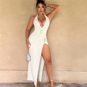 SHEIN Deep V-Neck Ruched High-Slit Dress